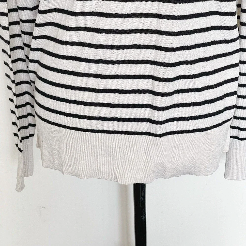 Loft Womens  Sweater Medium Cardigan Button Down Striped Beige Wool Blend Ribbed - Picture 5 of 12